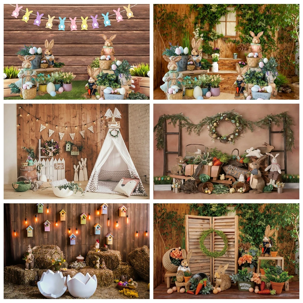 

Spring Easter Photography Backdrop Retro Wooden Board Tent Rabbit Bunny Eggs Kids Portrait Decor Baby Shower Photo Background