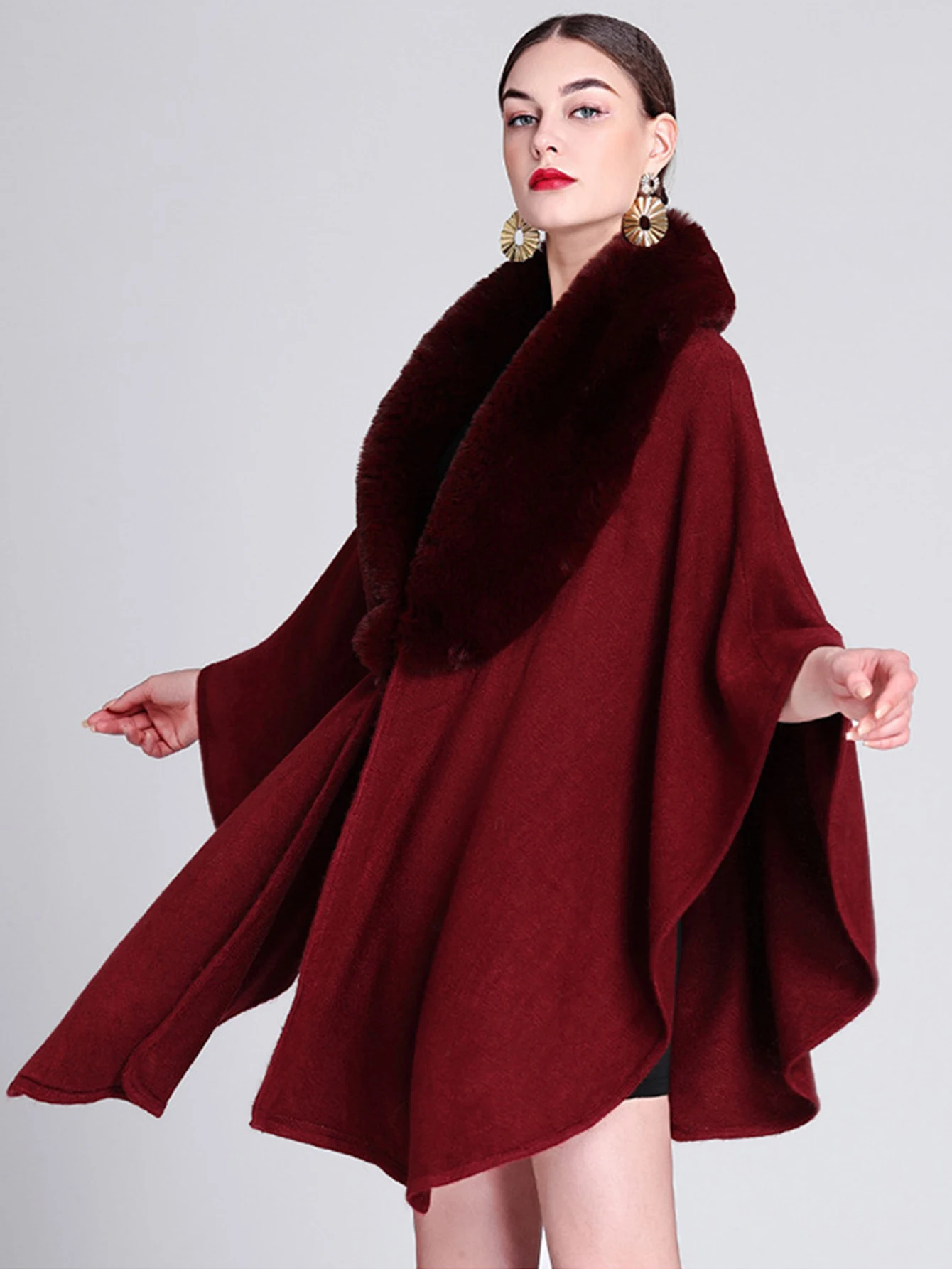 Faux Fur Solid Color Long Shawl Cloak Coat Banana Shaped Collar Faux fur Soft and Smooth Fashionable and Elegant Shawl Coat