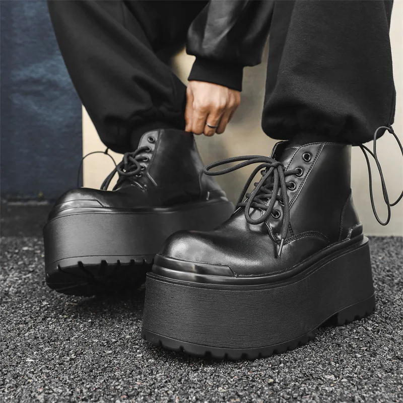 

Мужские модные ботинки на высокой платформе в стиле панк-рок, туфли из натуральной кожи на шнуровке, ковбойские ботильоны, весенне-осенние дизайнерские массивные ботинки