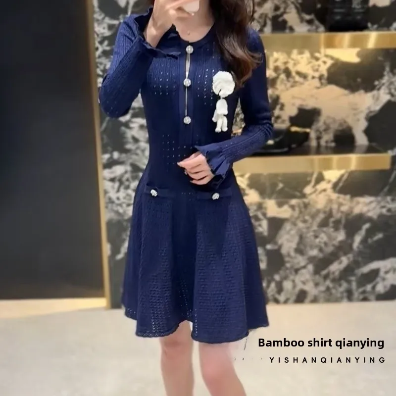 

Ele Ранняя осень SP 2025, вязаное платье для поездок на работу, женское расклешенное платье све Midi Dr, роскошная булавка Faion