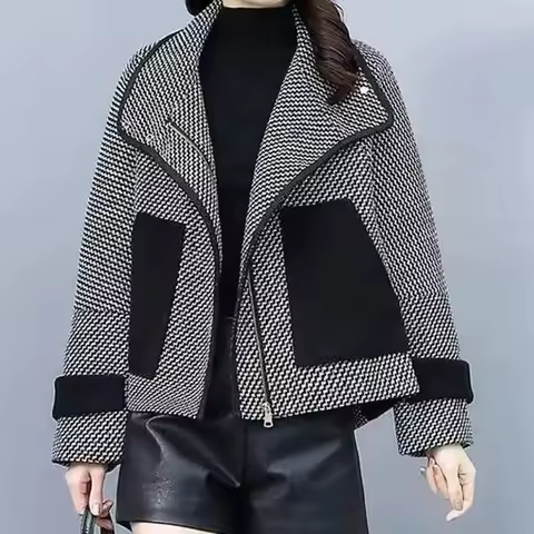 Woolen Jacket for Women Short Stature Explosive Thousand Bird Grid Age Reducing Fashion Minimalist Casual Long Sleeves Jackets