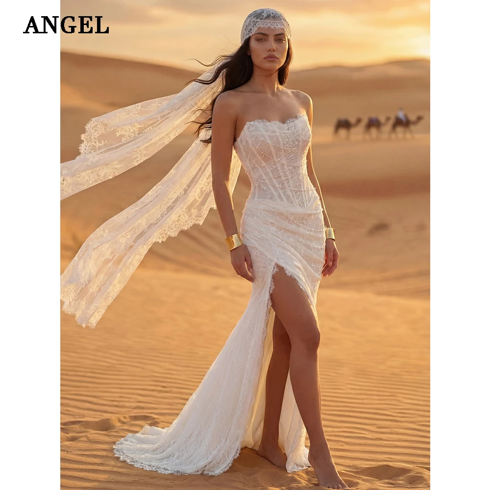 

ANGEL Lace Mermaid Wedding Dresses 2026 Pearls Beads Long Bride Dress With Slit Ivory Bridal Gowns Vestidos De Novia Custom