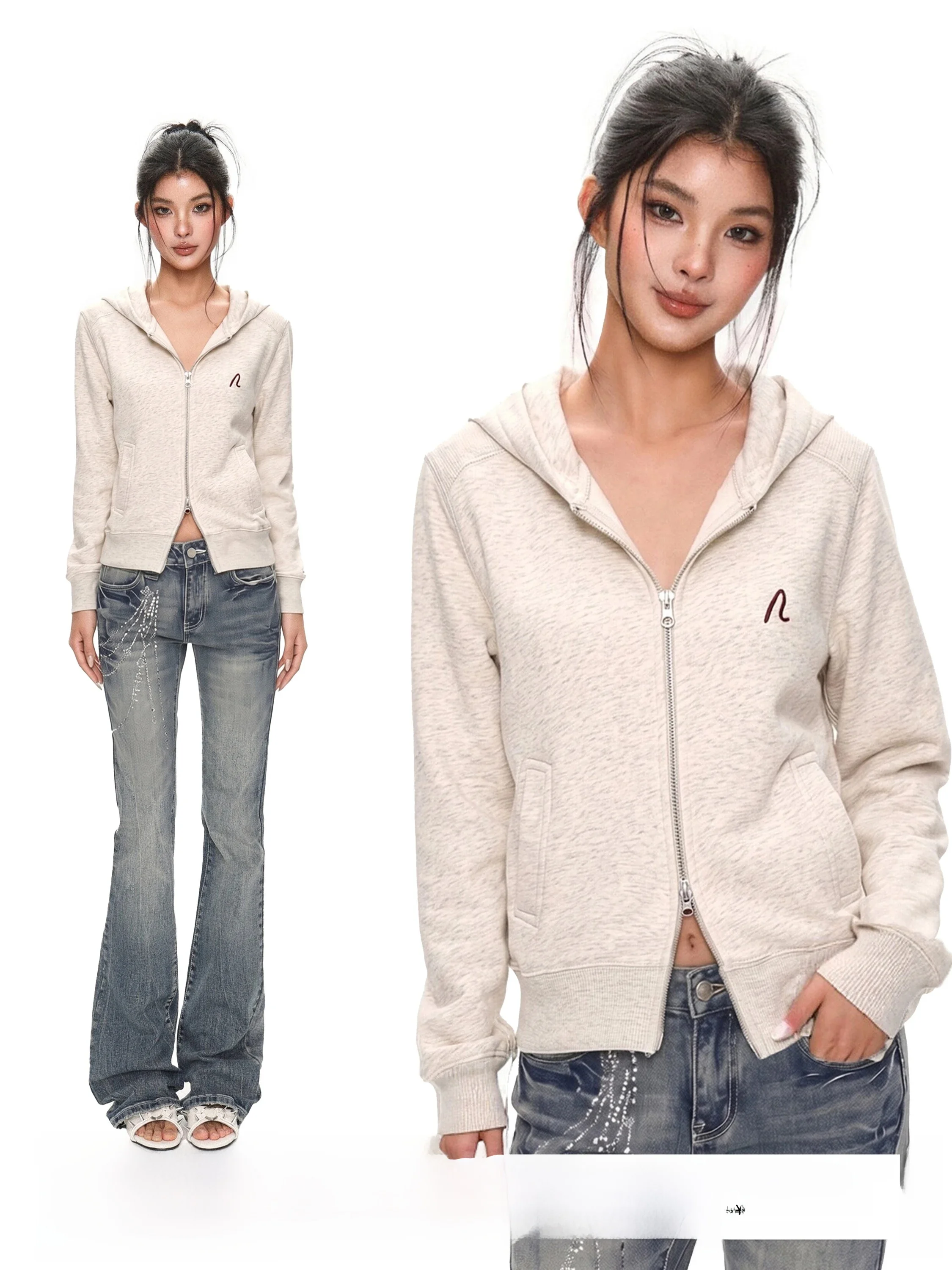 Grey Hooded Zipper Short Sweatshirt Jacket Women Early Autumn Long Sleeve Thin New 2026 Standard Fit Ladies Fashion Commute S...