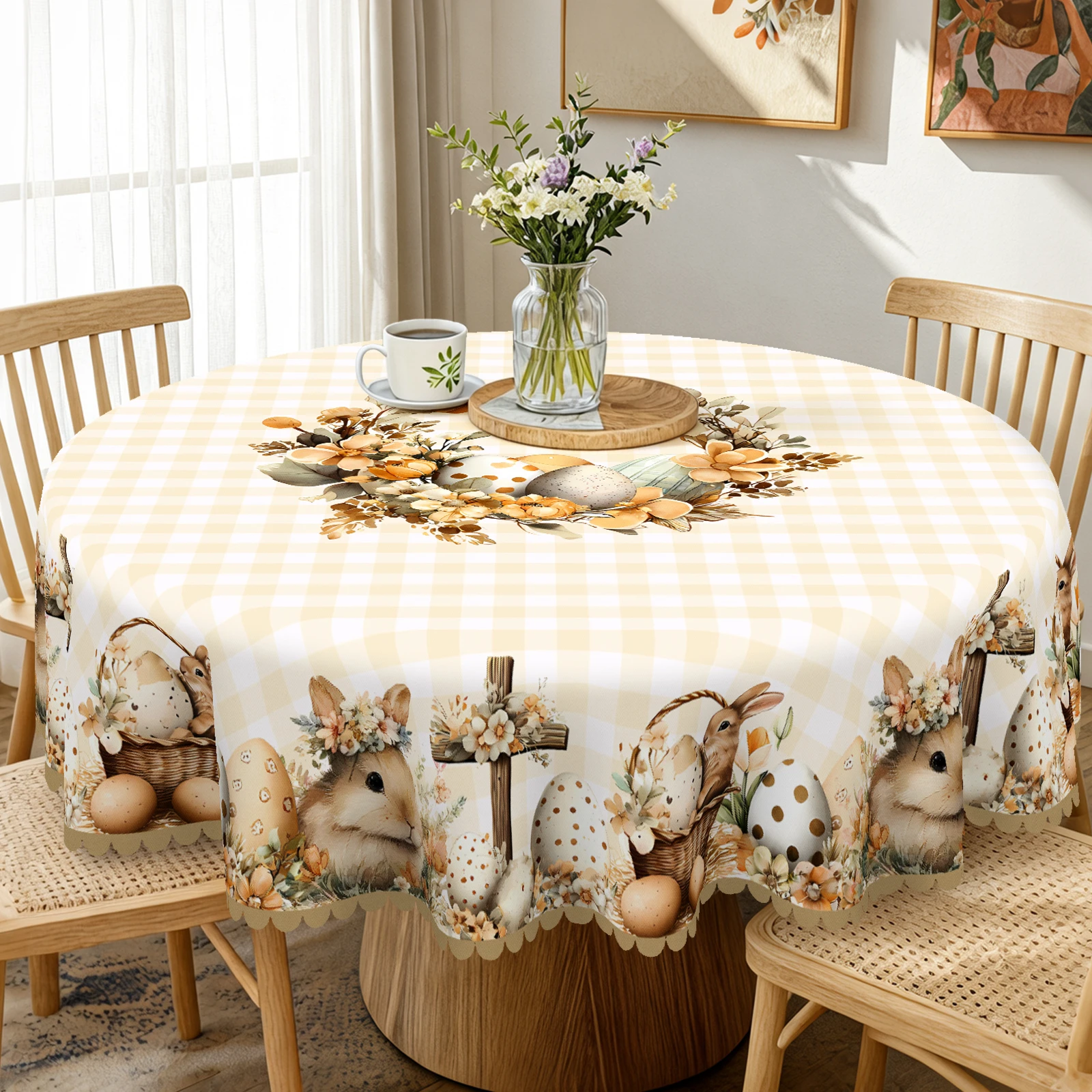Easter Bunny Themed Tablecloth, Classic Earth Tones, Light Brown Plaid Print, Cute Bunny with Wreath, Floral Egg Cross Print Pattern, Egg Print Surrounded by Wreath in the Center, Embossed Edges, Waterproof, Wrinkle-Resistant, Fade-Resistant, Suitable for Rectangular and Round Dining Tables, Home Kitchen, Living Room Dining Table, Balcony Coffee Table, Holiday Party Holiday Table Decoration, Outdoor Picnic Decoration, Coffee Table Decoration Fhj01