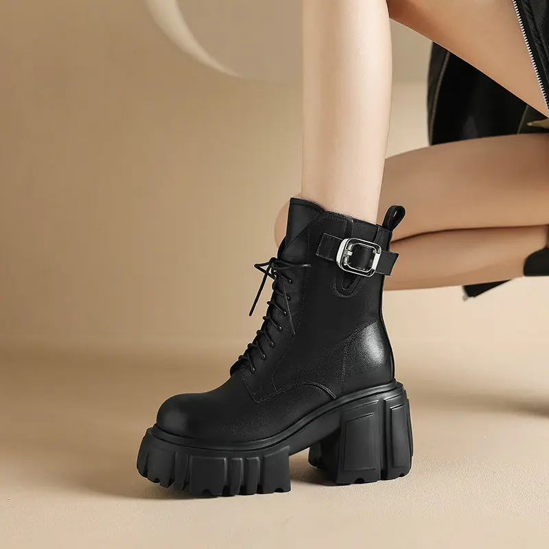 

Fashion Women Boots Thick-soled Thick-heeled Motorcycle Boots Autumn Winter Genuine Leather Black Beige Shoes