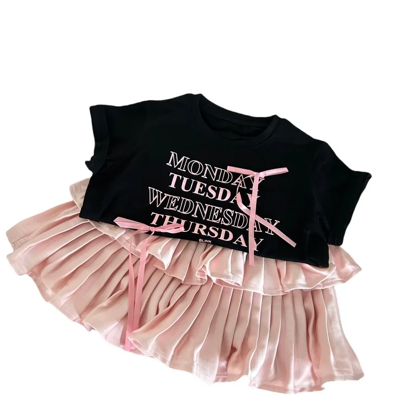 Ragazze Set 2025 Estate Nuovi bambini Indossano stile coreano Neonata Lettera stampata T-shirt a maniche corte Gonna a pieghe Set a due pezzi