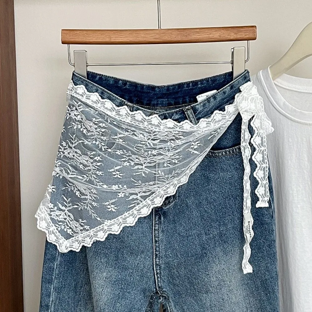 Harajuku Y2K Triangle Apron Flower Embroidery Waist Scarf Korean Style Lace-up Outwear Mini Skirt Female - view 2