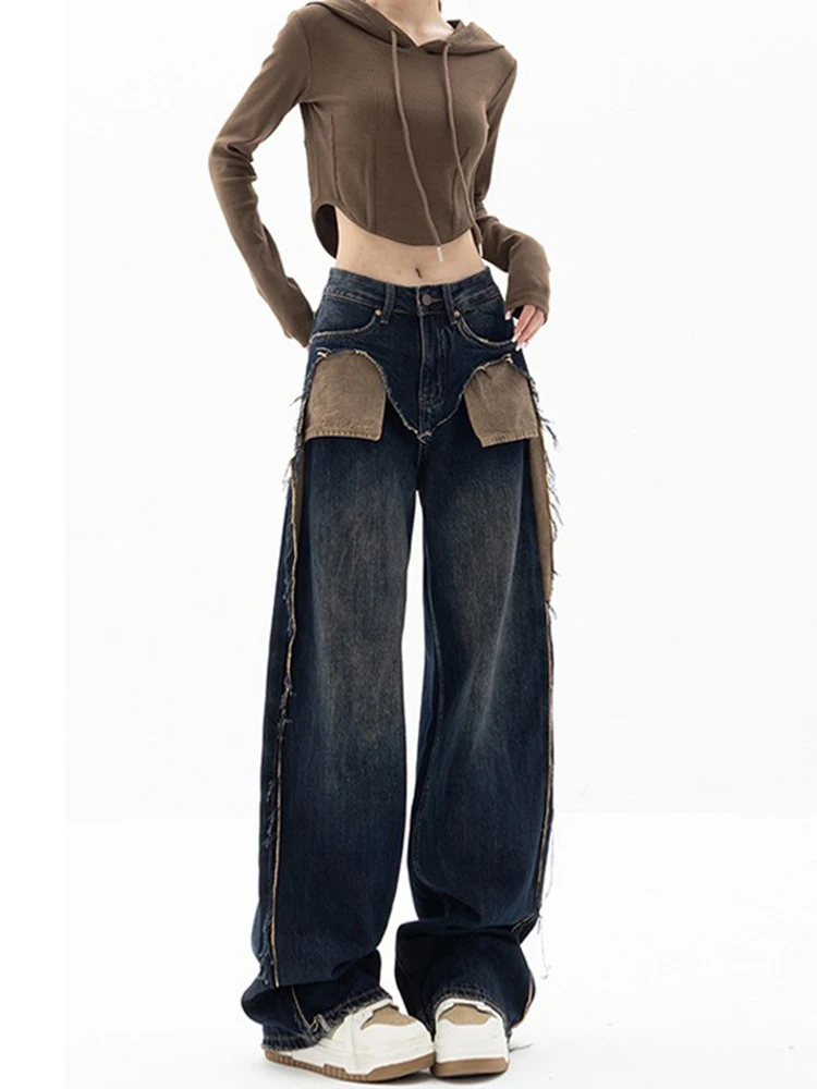 

American Style Streetwear High Waist Fake Two Piece Patchwork Jeans Pants Fashion Women's Baggy Y2K Wide Leg Denim Trouser