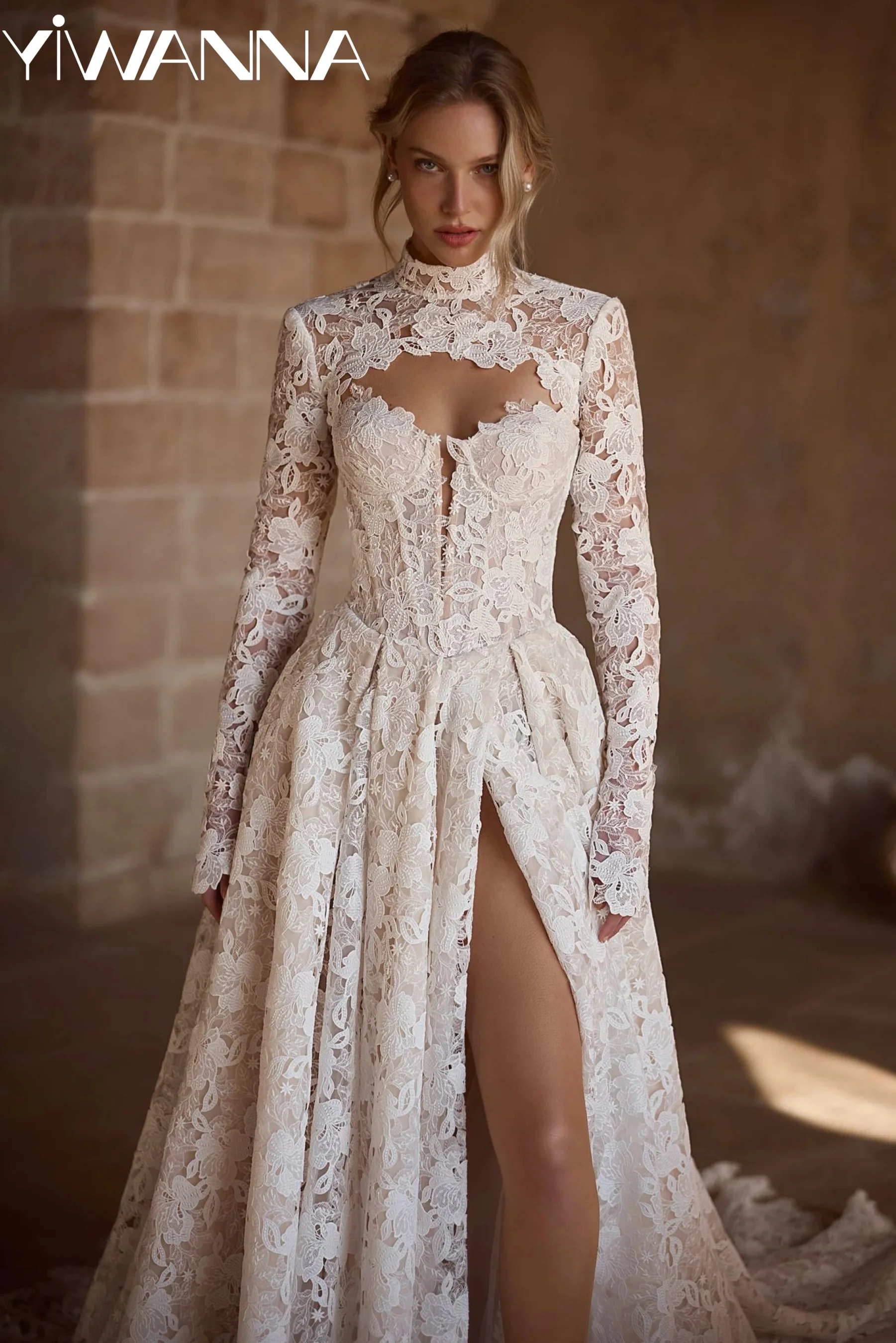 

New Arrival Lace Appliques Wedding Dress Detachable Sleeve High Slit Bridal Gown Customized A-line Long Dresses For Bride