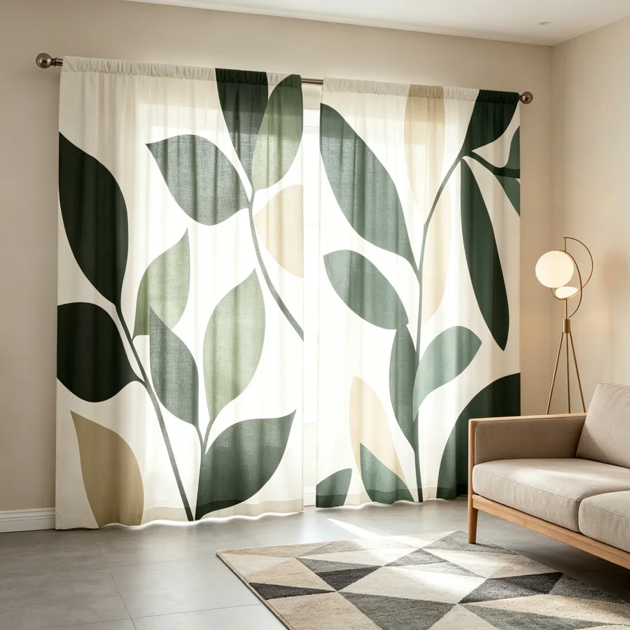 2PCS Digital Print  Curtain, Dark Green Simple Leaves, Botanical Print Window Drape for Living Room Bedroom Home Decor