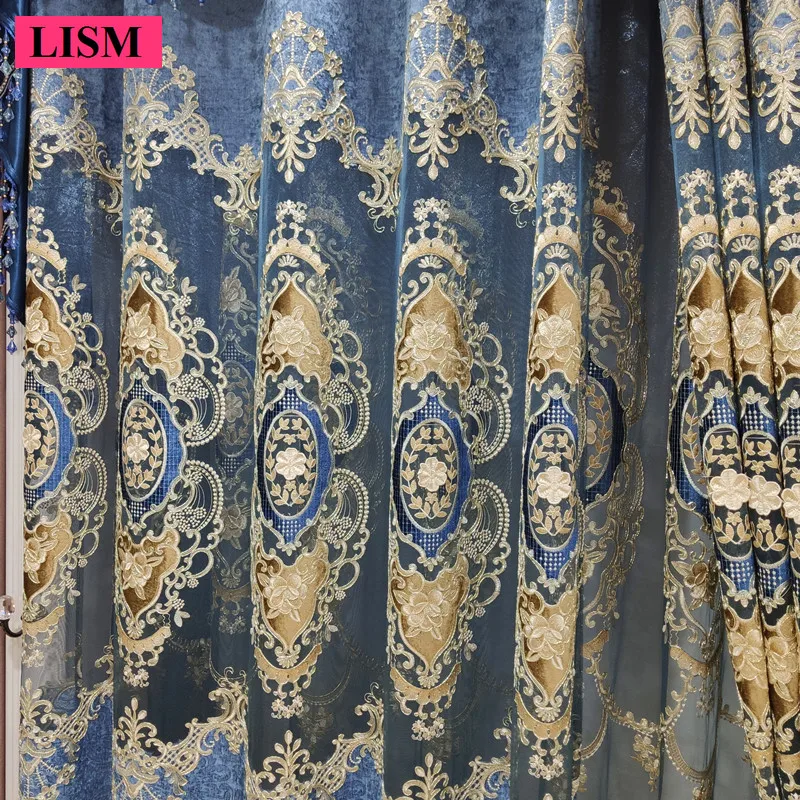 European Luxury Blue Thickened Chenille Chinese Style Living Room Hollow Embroidered Window Custom Blackout Lace Yarn Valance