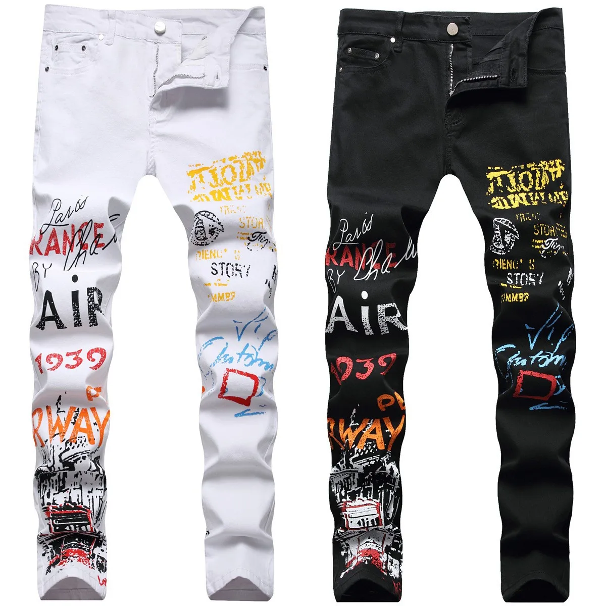 Calça jeans masculina com estampa de letras y2k, calça jeans slim stretch colorida pintada, calça jeans masculina graffiti punk