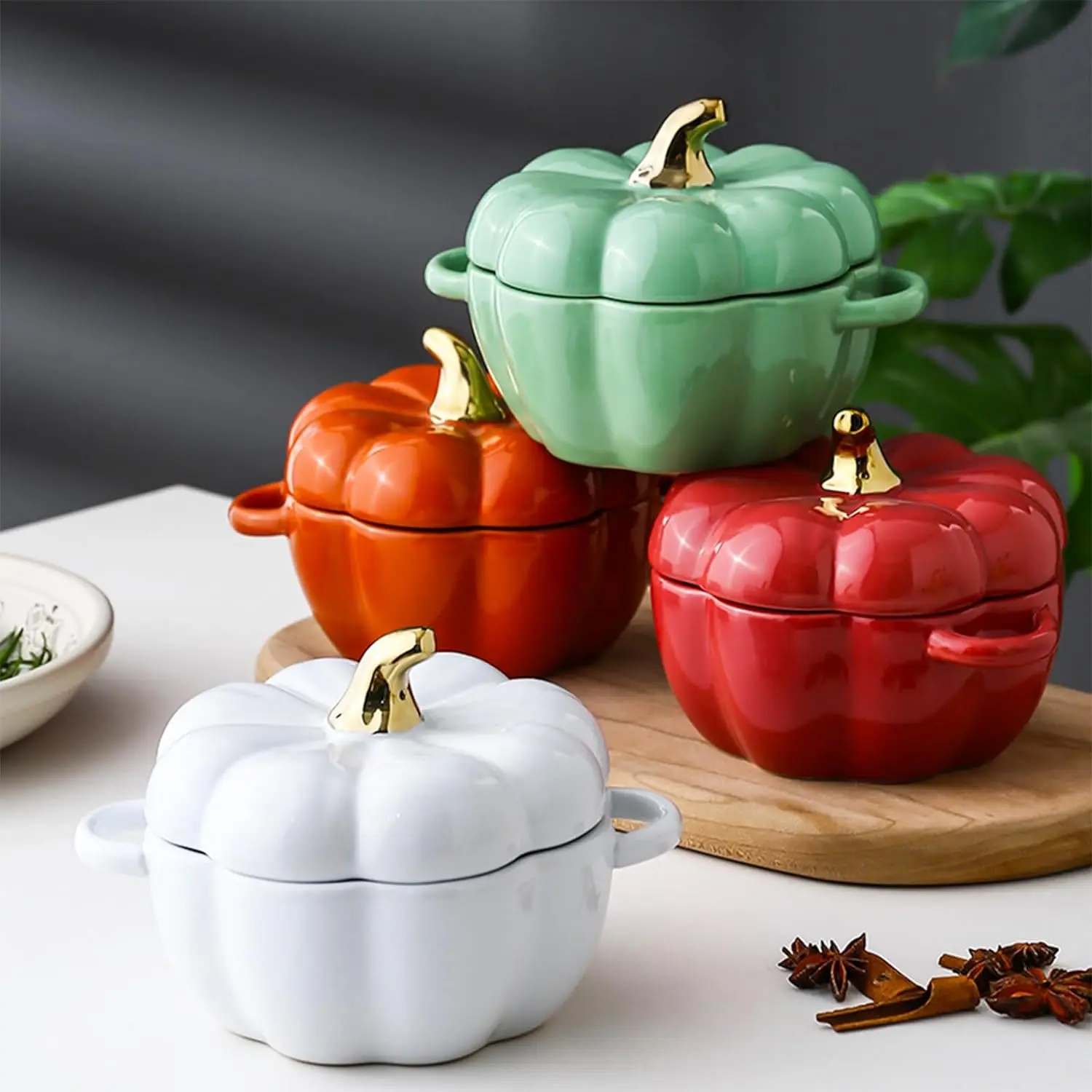 

Ceramic Bowl With Lid And Handle Pumpkin Ramekins For Baking Casserole Dish Individual Severing Pot Oven Safe