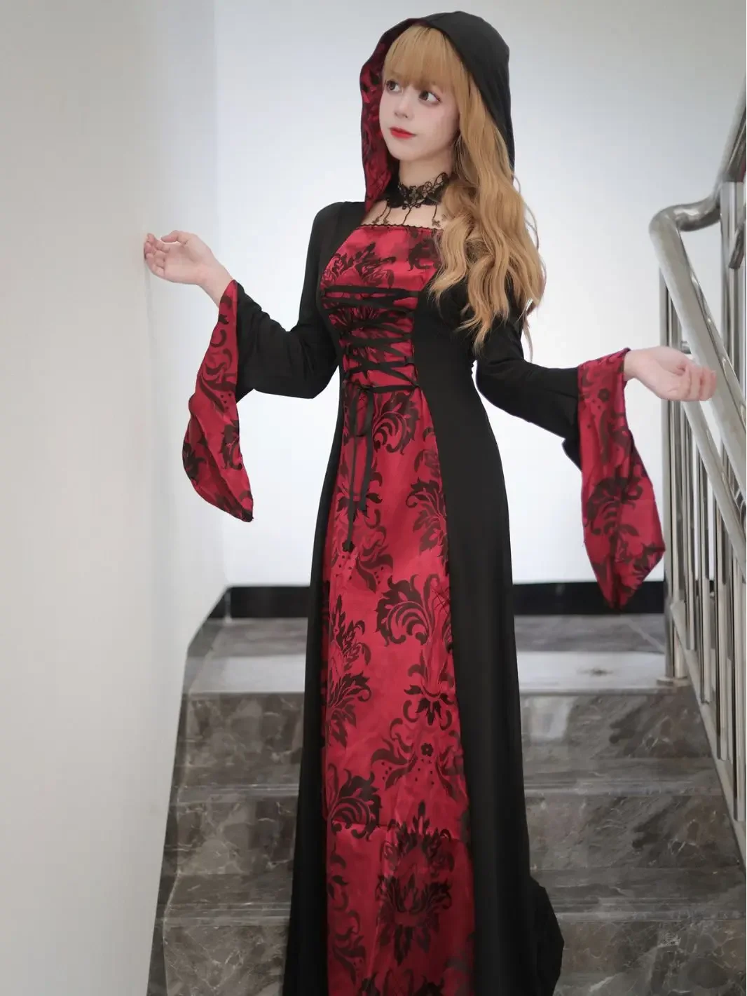 

Halloween Role Play Women Girls Cloak Black Red Robe Full Suit Bat Vampire Cosplay Outfit Witch Necromancer Cosplay Costume