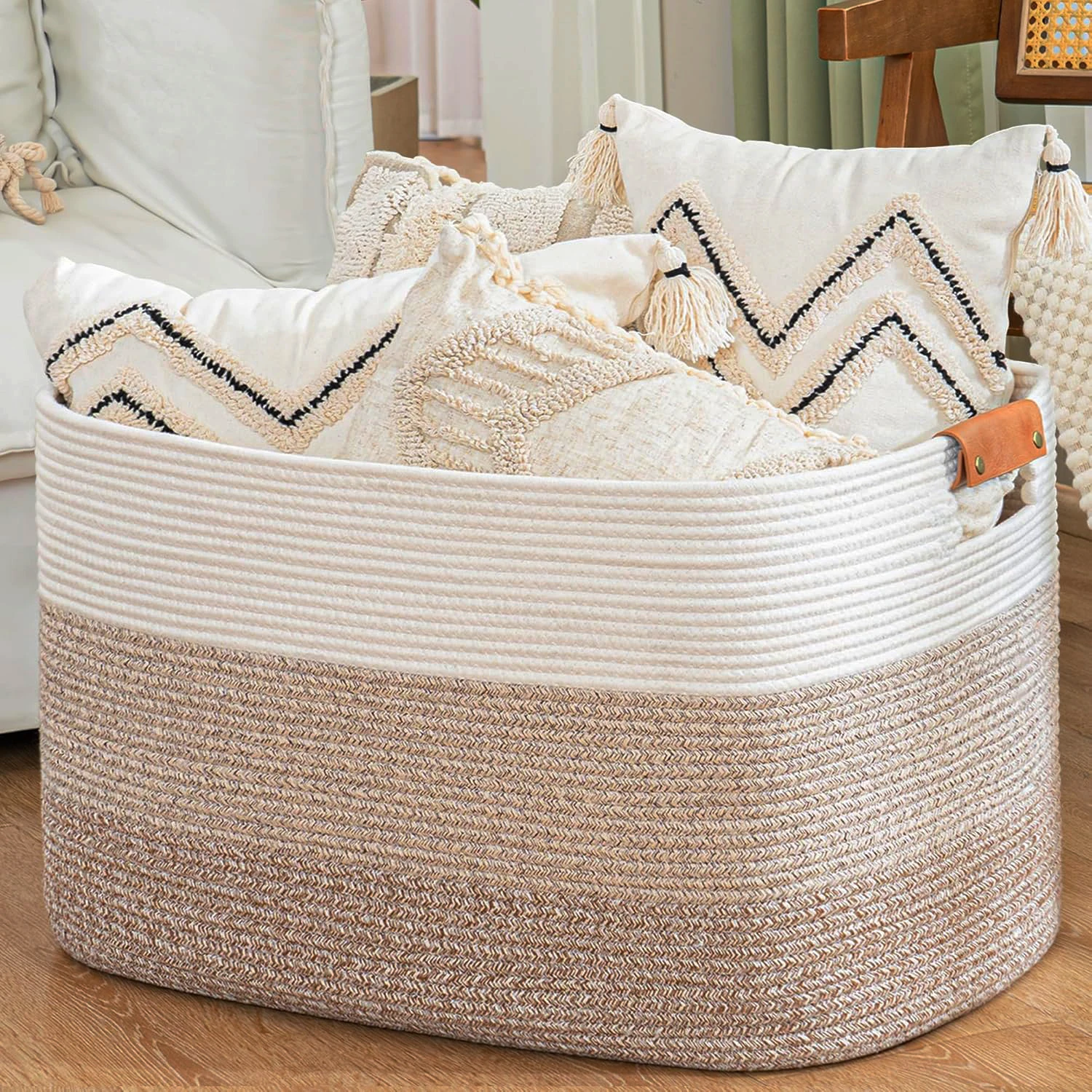 

Large Blanket Basket for Living Room, Woven Storage Basket, Cotton Rope Organization in Nursery for Toys & Clothes