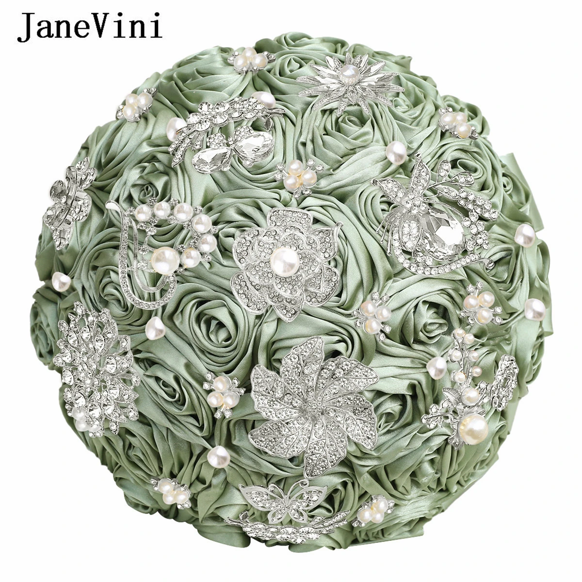 JaneVini Sage Green Silver Jewelry Bridal Wedding Bouquet Artificial Flowers Rhinestone Crystal Bouquet Bride Boeket Accessories