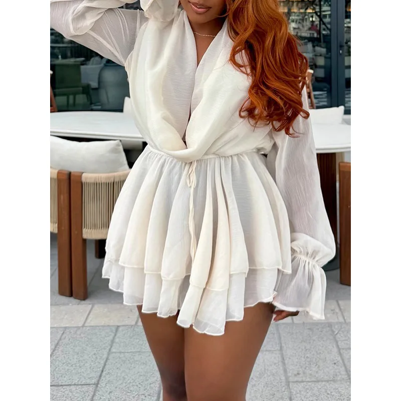 Slergiri Swinging Collar Long Sleeve White Dress Women Fashion New 2026 Spring Summer Elastic Waist Layered Hem Short Dresses