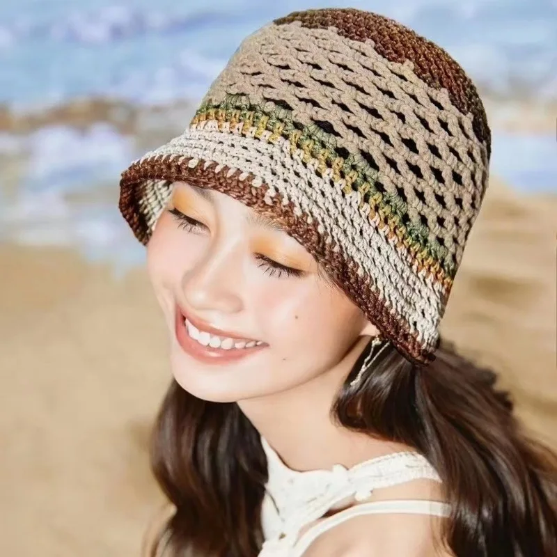 

Japanese Handmade Knitted Hollow Contrasting Color Fisherman Hat Children Summer Vacation Beach Shading Trend Bucket Cap Mujer