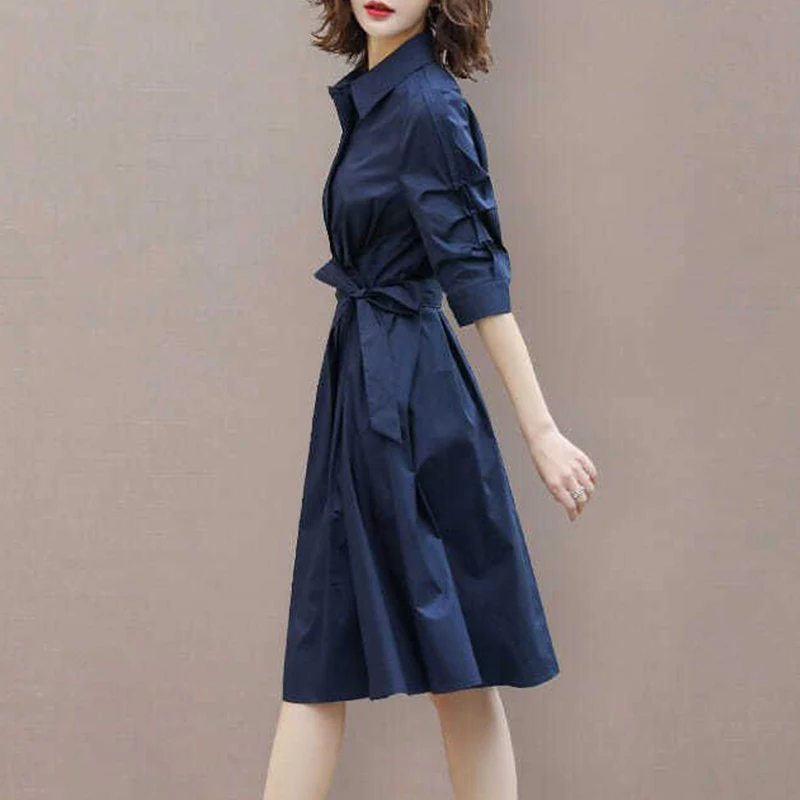 Spring Autumn Solid Elegant Fashion Chic Dress Women Half Sleeve Aesthetic Casual Vestidos De Fiesta Navy Blue Korean Robe Femme