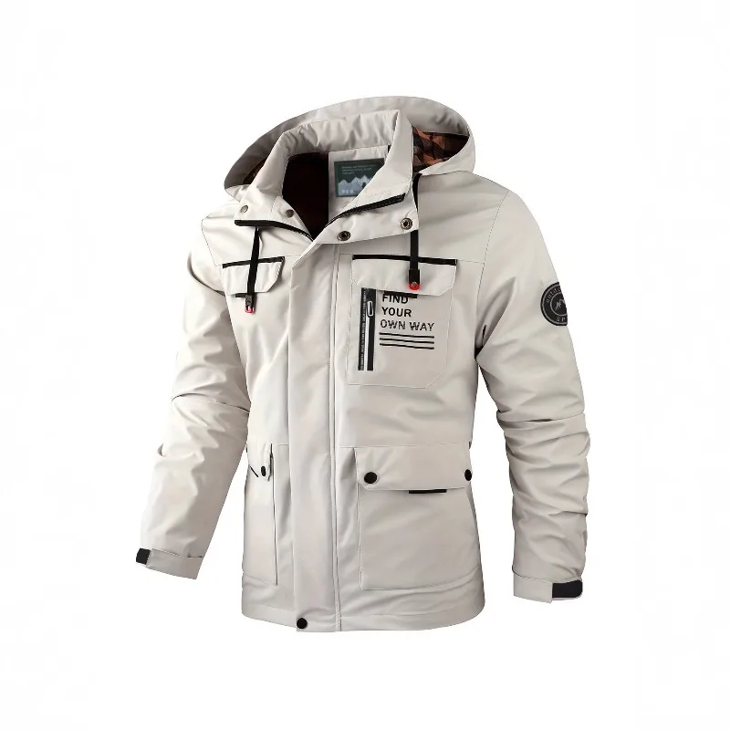 

Casual Spring and Autumn Tooling Jacket Men's Multi Pocket Removable Hat Men's Jacket