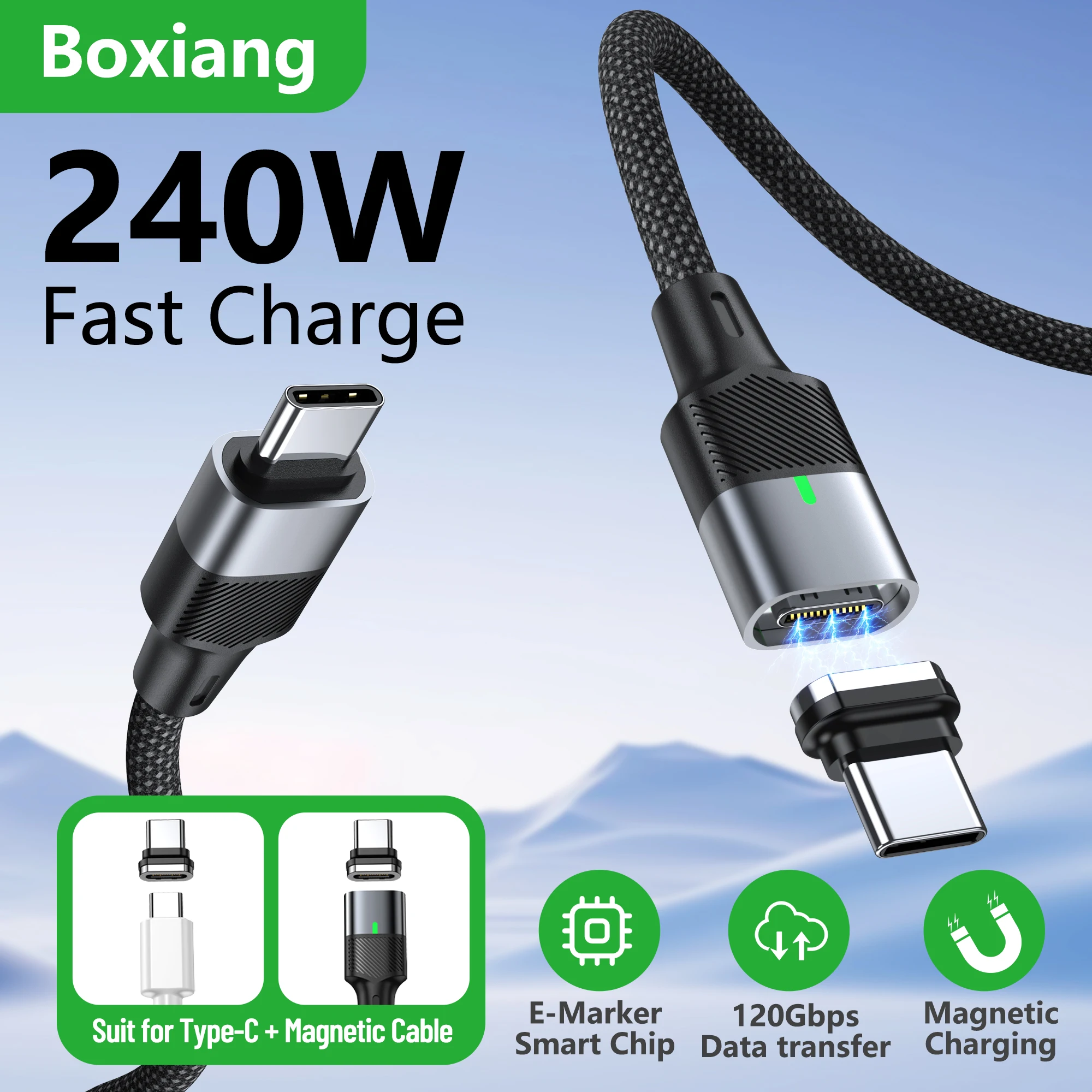 Boxiang 240W 48V5A Magnetic USB-C Cable PD3.1 Fast Charge Magnetic Plug120Gbps High Speed Data Sync Dual Use Type C Charger Wire