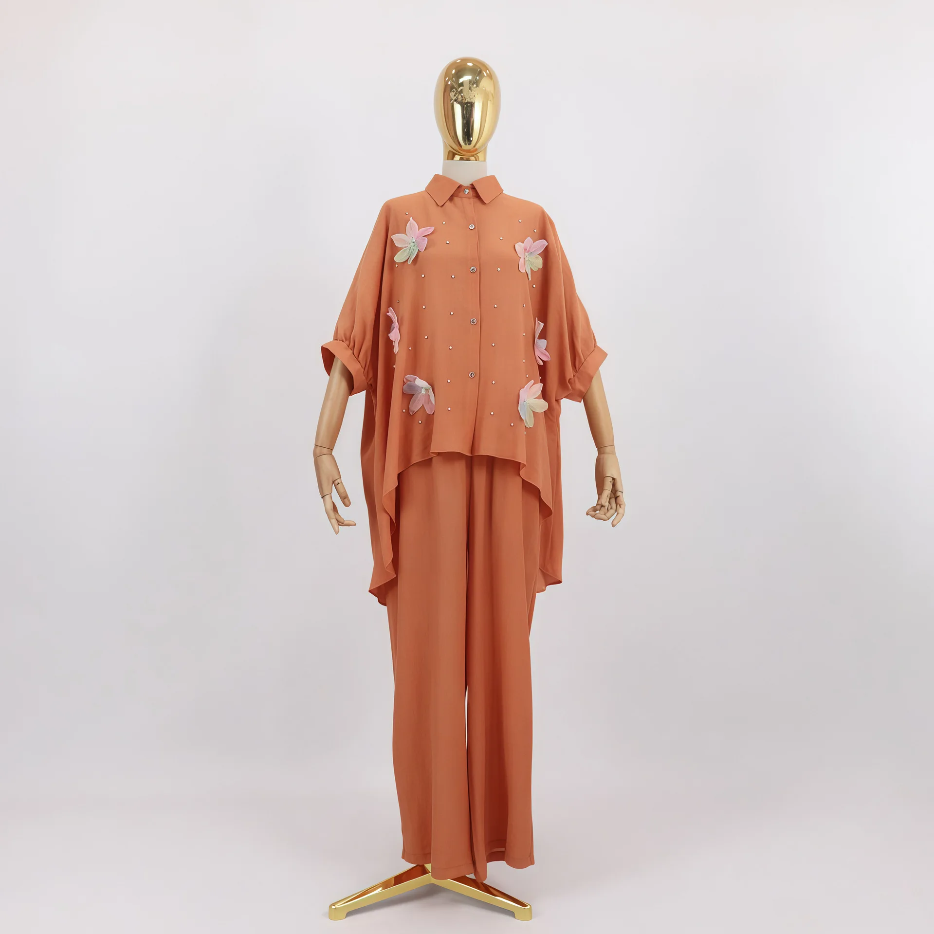 Dubai Muslim Women Two Piece Sets Short Sleeve Flower Buttons Shirt Pants Suits Tops Musulman Ensembles Islamic Arabic Outfits