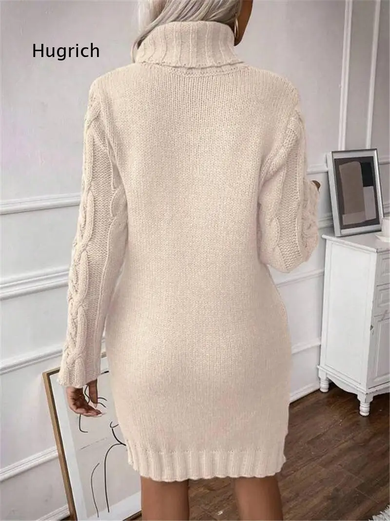 Women High Neck Cable Knit Sweater Dress Long Sleeve Slim Fit Knit Garment Suitable For Autumn Winter Casual And Party Occasion
