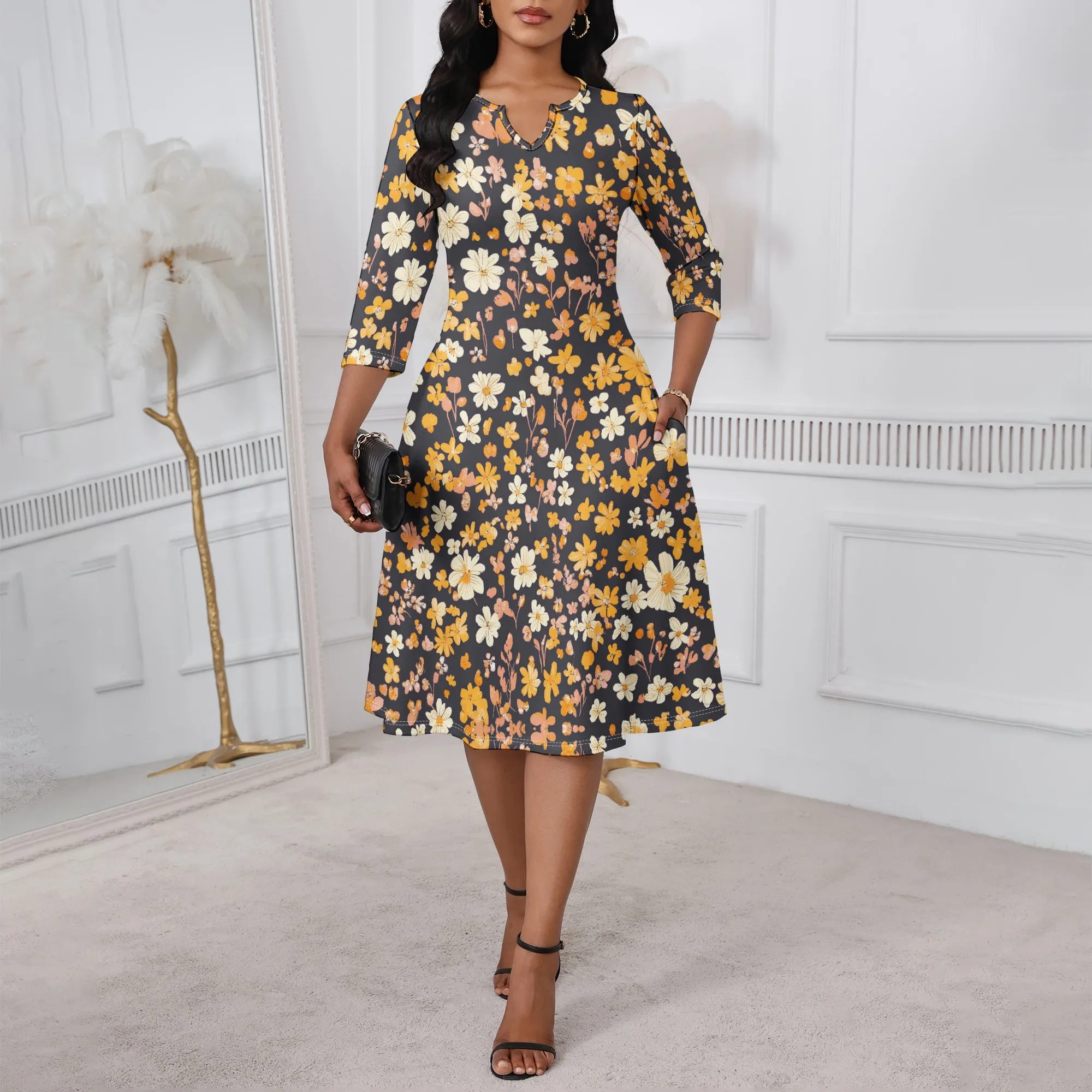 

Women's Floral A-line Dress Vintage V-Neck Half Sleeve Casual Dress with Pockets for Office Party Wear XS-3XL