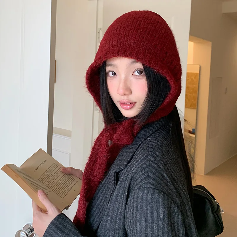 Koreanische, einfarbige, warme, dicke Pullover-Balaclava-Mütze für Herbst und Winter, Outdoor-Bombermütze mit Schnürung zum Schutz der Ohren für Damen – Detail 4