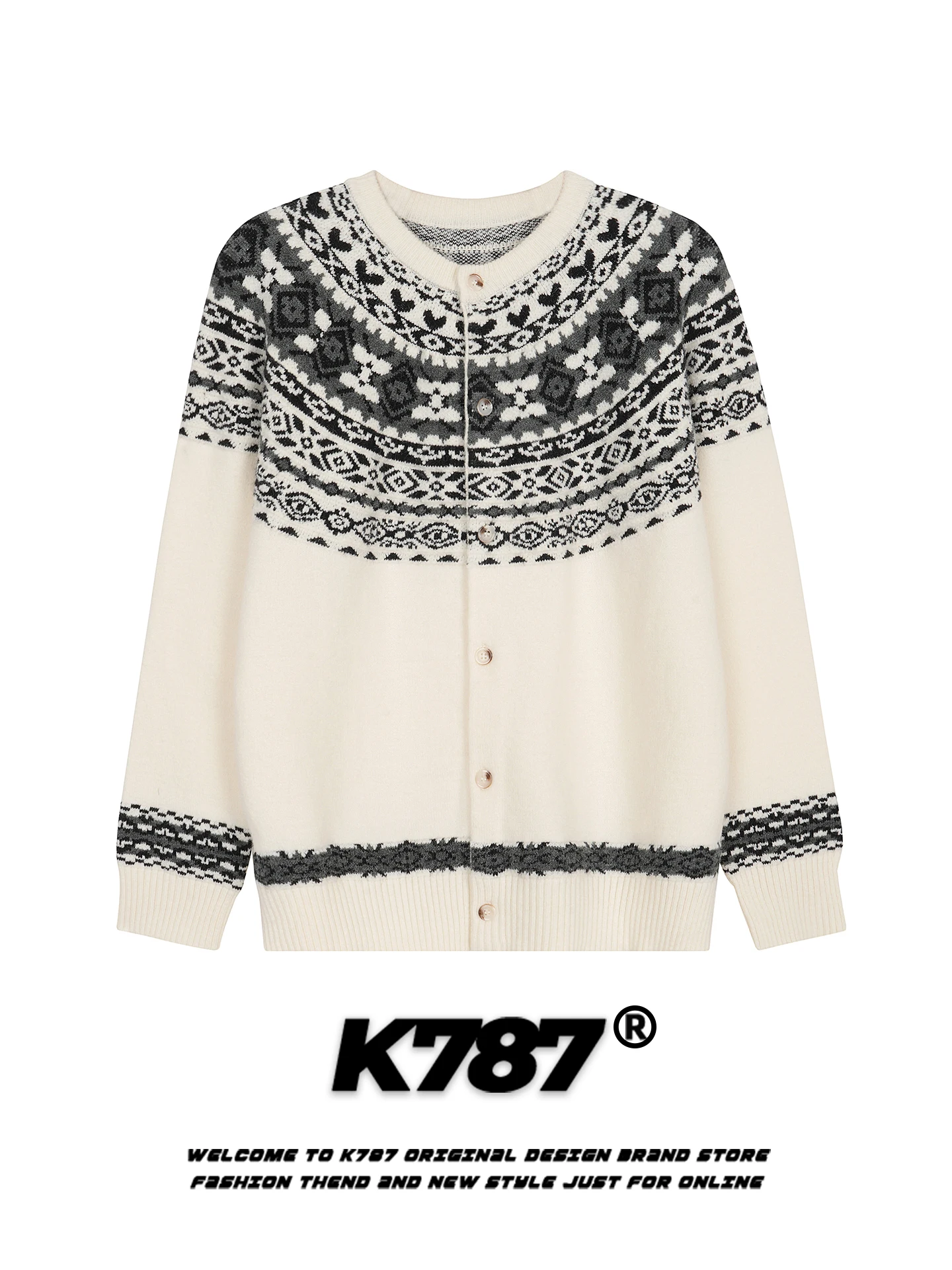 

American Sle Streetwear Fair Isle Knitted Cardigan Sweater round Ne Open Front Warm Couple's Casual Knitwear Coat