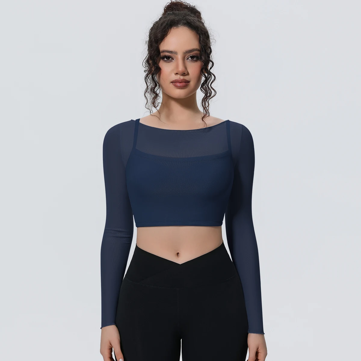 New Quick-Dry Solid Color Mesh Yoga Long Sleeves for Womans False Two-piece Sexy Gather Sports Bra Summer Breathable Fitness Top
