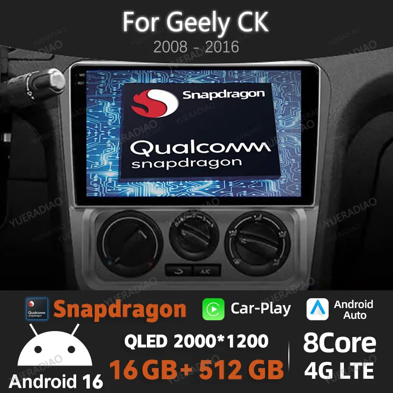 Android 16 Car Radio For Geely CK 2008 - 2016 GPS NAVI Qualcomm BT 4G WIFI Multimedia Stereo Video Player 2DIN Head Unit QLED