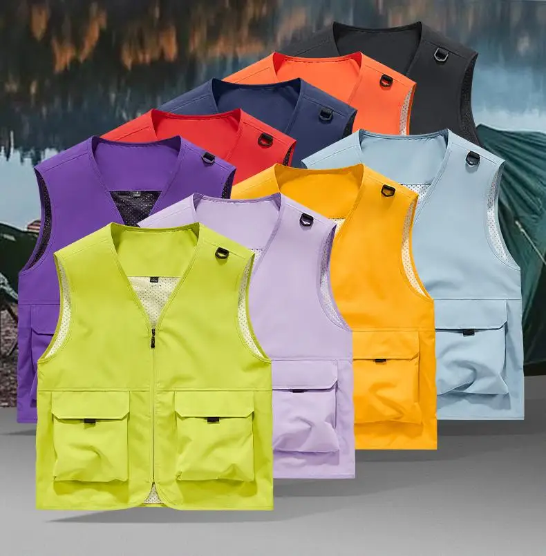 Men Multi‑Pocket Cargo Vest Solid Color Zipper Sleeveless Waistcoat Mesh Lining Outdoor Fishing Photography Working Vest Plus Si