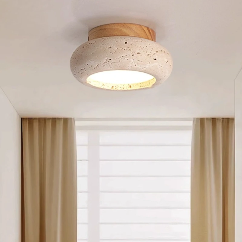 Yellow Travertine LED Ceiling Lamp Living Room Bedroom Kitchen Wood Canopy Wabi Sabi Flush Mounted Ceiling Lights Lamparas