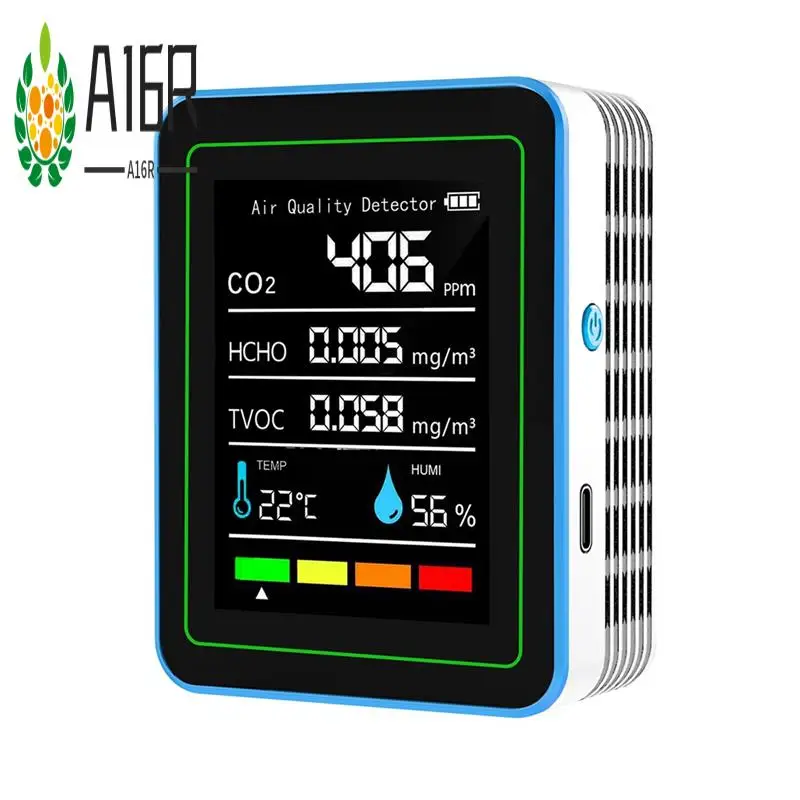

A16R-5 In 1 Air Quality Monitor TVOC HCHO Temperature Humidity CO2 Meter, USB Rechargeable CO2
