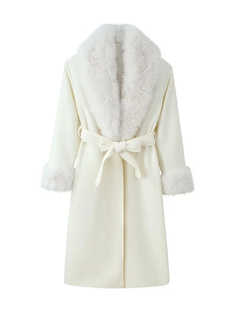 HH nouvelle femme hiver mode polyvalent fausse fourrure effet revers manches longues ceinture Long manteau femme décontracté trajet Long pardessus