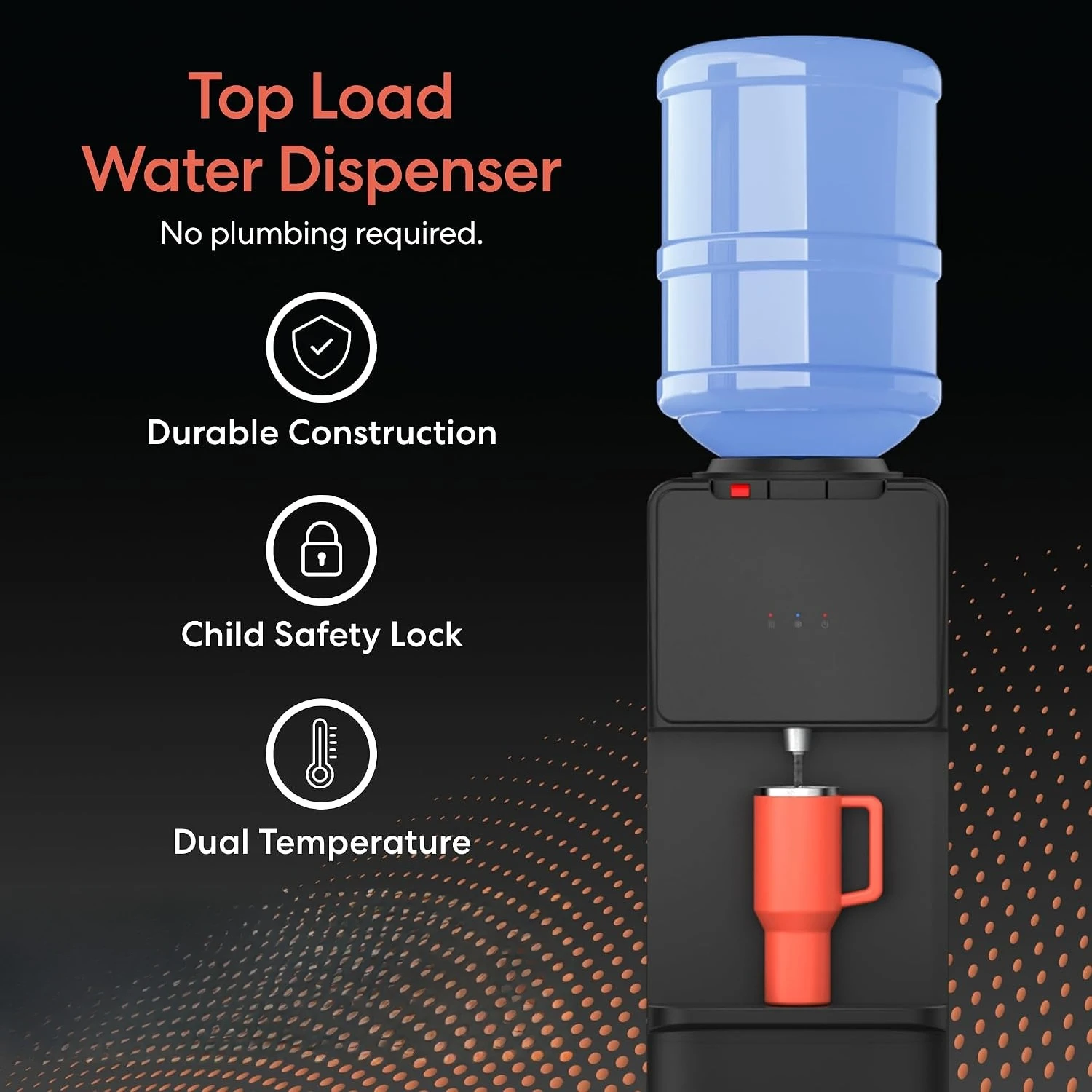 130 Series Top-Load Water Cooler Dispenser for 3- and 5-Gallon Bottles, Hot & Cold, Spill-Free Loading,Safety Lock, Black