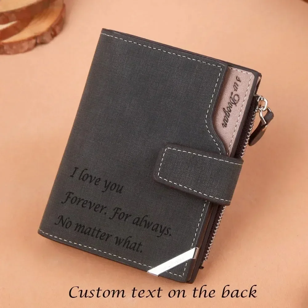 Custom Picture Text Short Wallet with Zipper Personalized Photo Men Wallet Coin Pocket Father's Mother's Day Gift for Men Him