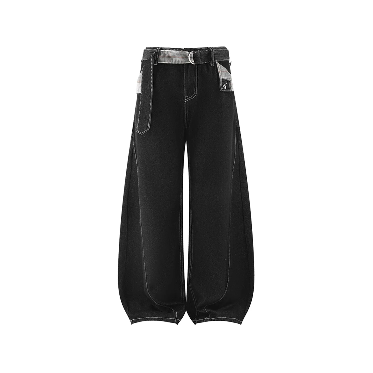 

Niche Design Denim Pants Casual Plaid Design Belt Trousers New Straight Leg Contrast Color Jeans for Women