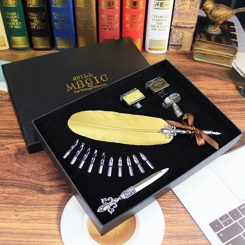 

Golden Feather Dip Pen Retro Fountain Pen Writing Set with Metal Letter Opener European Style for Calligraphy Art Words Gifts