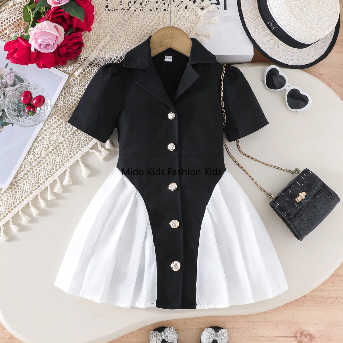 

Новое поступление 2026: Элегантное платье для девочек, черно-белое твидовое платье-пиджак для детей 2-8 лет