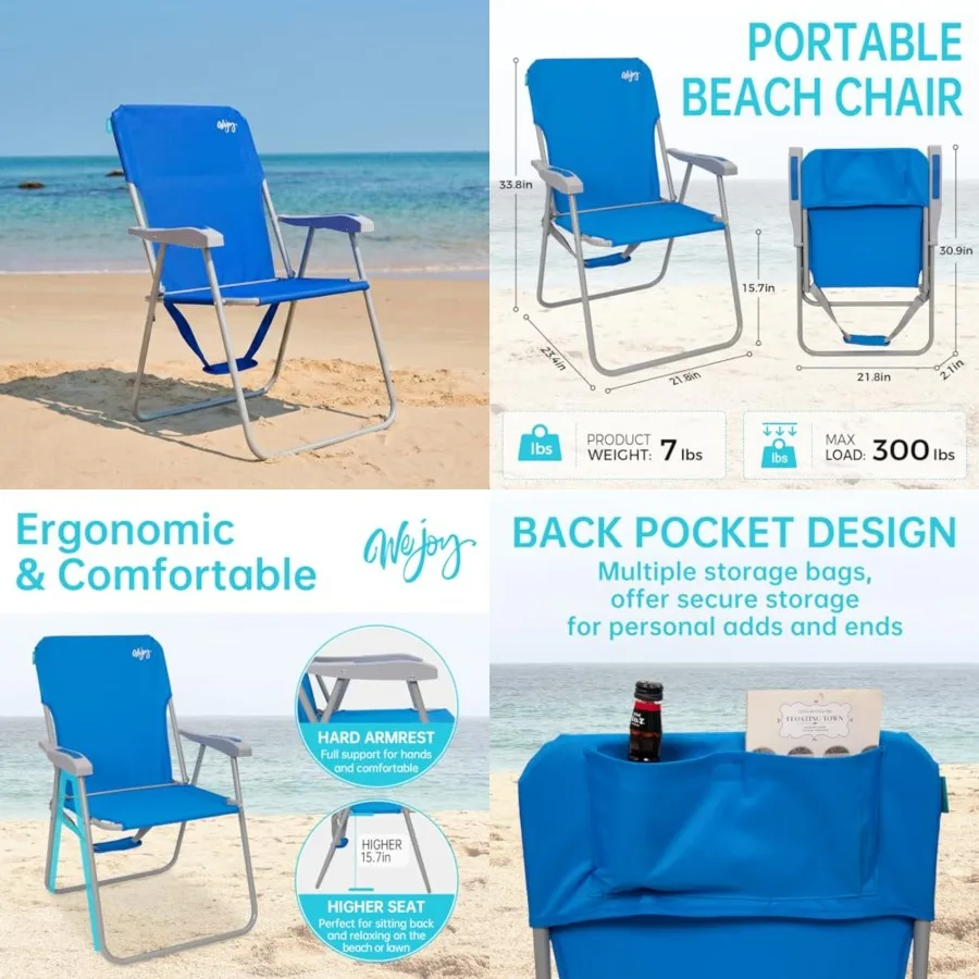 

Folding Beach Chair for Adults, Lightweight Beach Chair with Shoulder Straps, High Back Camping Chairs with Hard Armrest, Suppo