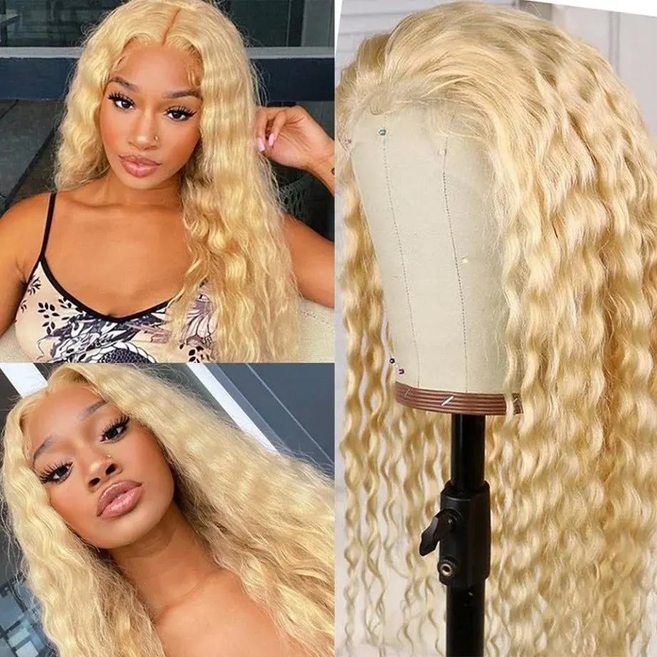 Blonde 13x4 Lace Forehead Human Hair Wig 20 Inch 613 Blonde Deep Wave Glueless Curly Hair 150 Density Women Human Hair Wig