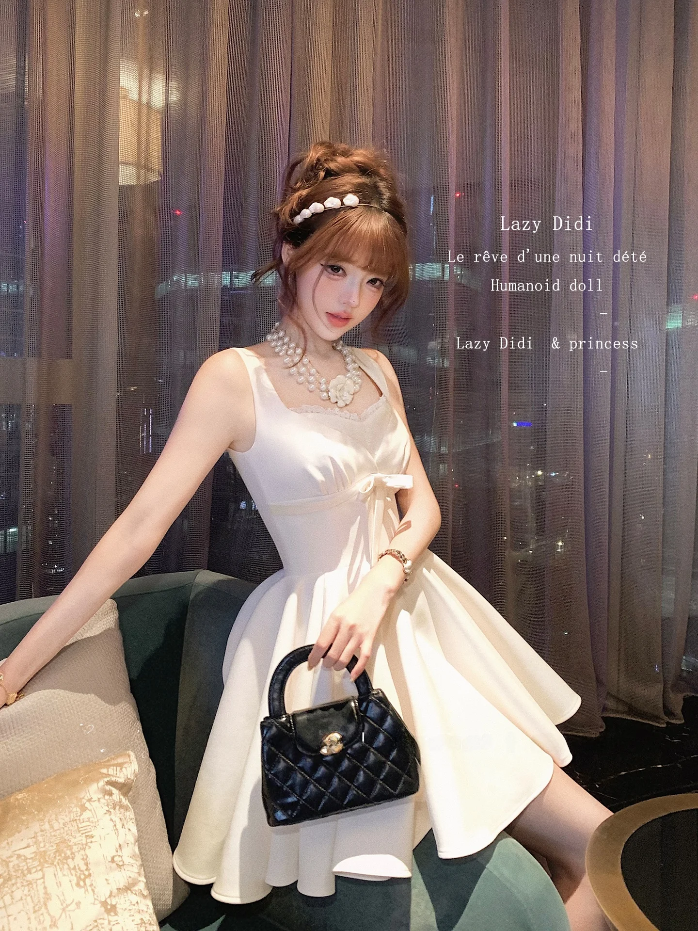 Classic Pearl Beaded Lace Halter Dress LazyDidi Hong Kong Island Style Large Skirt Umbrella Hem Soft Polyester No Stretch