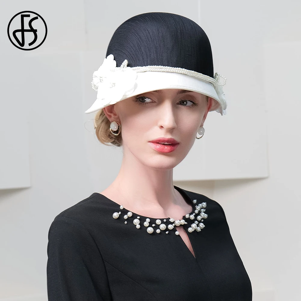 FS Elegant White Black Hats With Flower British Top Hat Ladies Vintage Cocktail Party Cap Wedding Church Millinery 2024 Winter