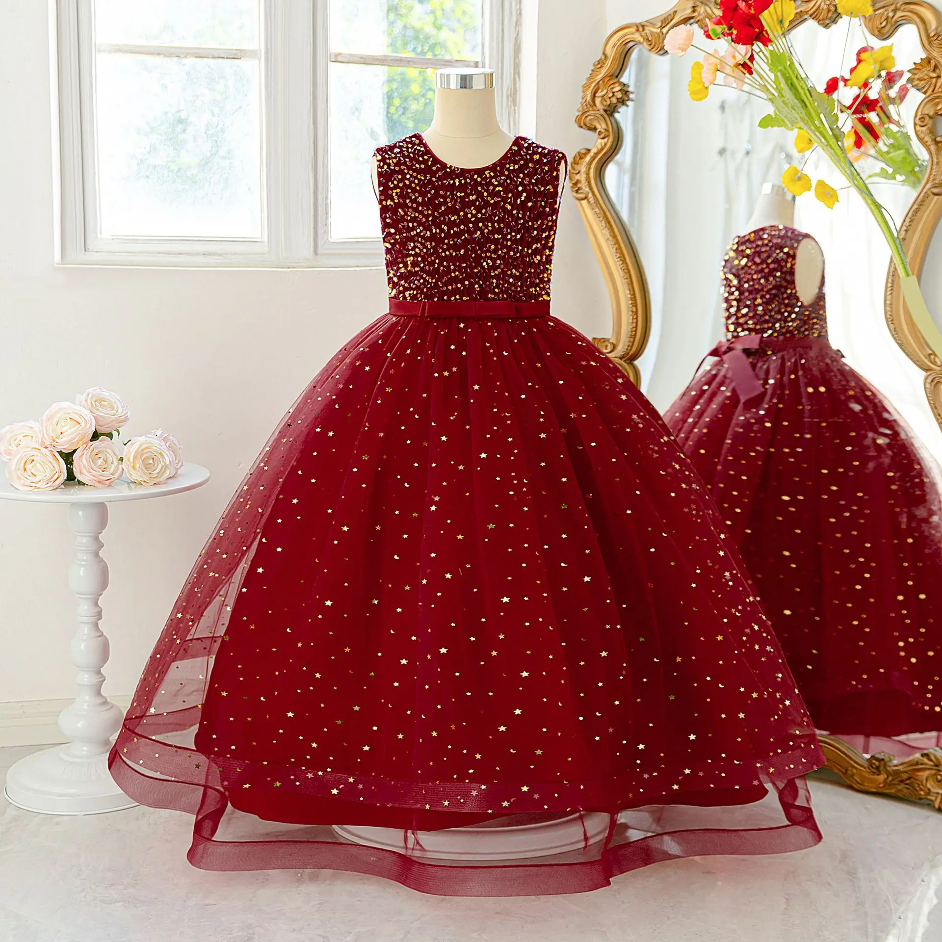 

Luxury Flower Kids Girls Sequins Tulle Long Dress For Teens Performance Wedding Birthday Party Pageant Prom Christmas Maxi Gown