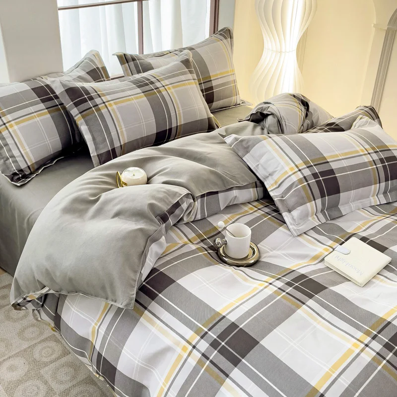 3pcs Gray Plaid Duvet Cover Set with 2 Pillowcases Bedding Sets for Hotel Bedroom Fashion Soft Simple Quilt Cover Pillowcase