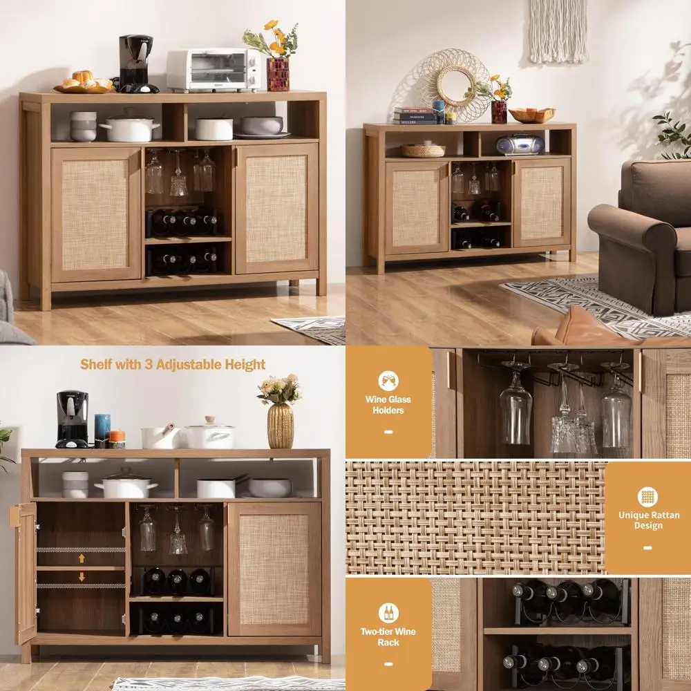 Bufet z rattanu z 51 przegródkami i stojakami na wino, szafka na alkohol w stylu rustykalnym