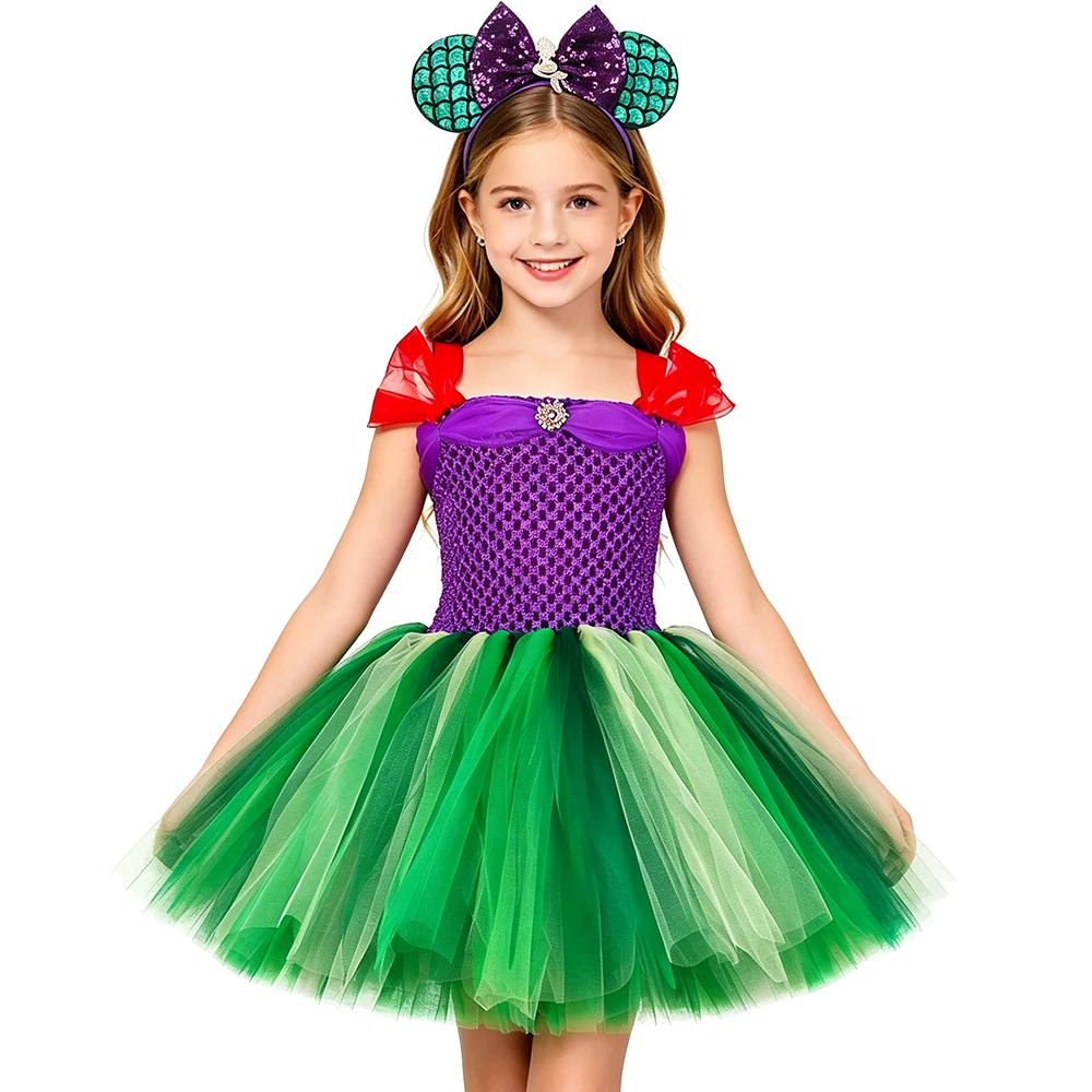 Little Mermaid Costume for Girls Ariel Princess Tutu Dress Purple Green Kids Halloween Carnival Birthday Party Fancy Dress Up