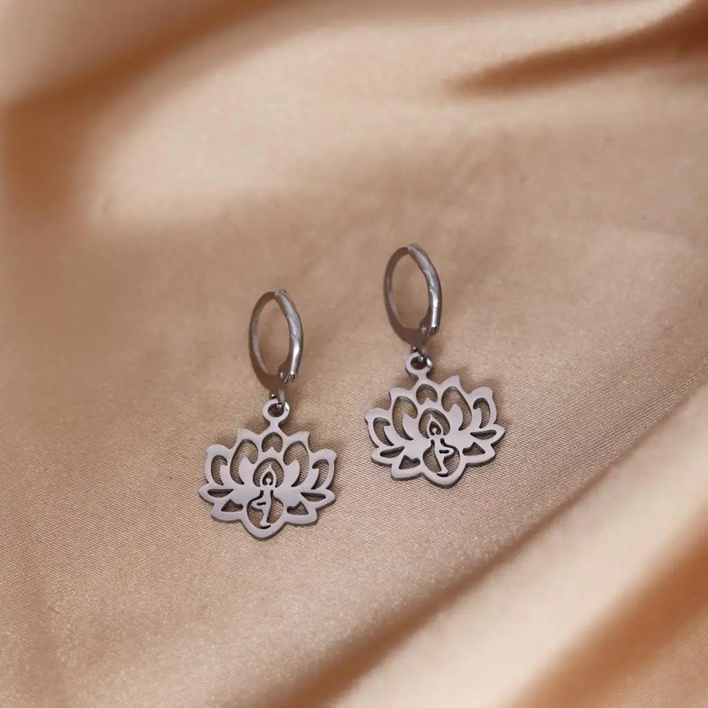 QIMING Stainless Steel Yoga Lotus Flower Hoop Earrings For Women Buddies Jewelry Boho Earring Gift Amulet